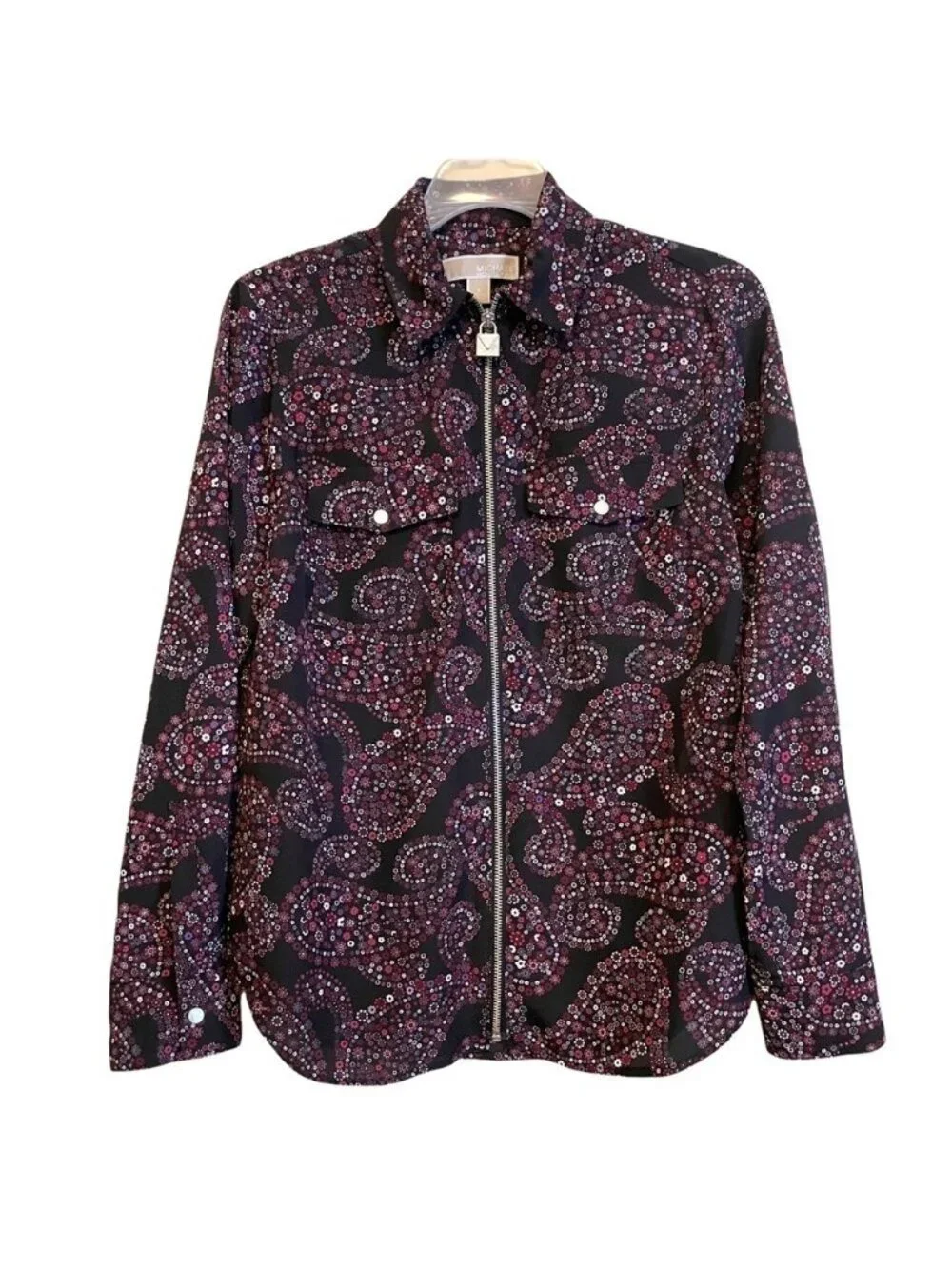 Michael Kors Black Purple Floral Blouse Paisley Long Sleeve Lock Zipper SMALL